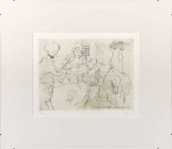 Jack Levine (American/New York, b. 1915): Jack Levine (American/New York, b. 1915) "McHeath at the Brothel in Tunbridge Alley #2", 1967, soft ground etching in colors on B. F. K. Rives paper, pencil signed lower right "J. Levine", numbered lo