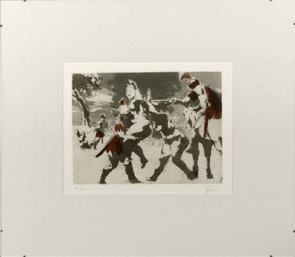 Jack Levine (American/New York, b. 1915): Jack Levine (American/New York, b. 1915) "Rape of the Sabines", state two, 1965, lift-ground and etching in bistre, blue and red on B. F. K. Rives paper, pencil signed lower right "J. Levine", numbere