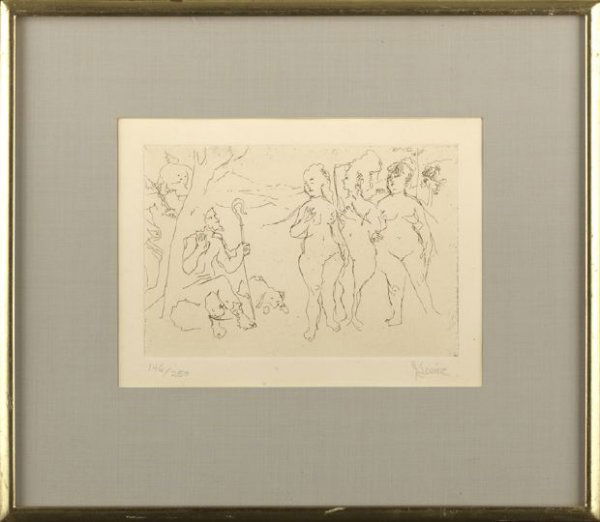 Jack Levine (American/New York, b. 1915): Jack Levine (American/New York, b. 1915) "Judgment of Paris", 1964, etching on B. F. K. Rives paper, pencil signed lower right "J. Levine", numbered lower left "146/250", sight 7-1/2" x 10-1/4". Glaze