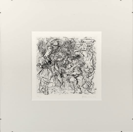 Jack Levine (American/New York, b. 1915): Jack Levine (American/New York, b. 1915) "Woodstock Pastoral", ca. 1950, etching on B. F. K. Rives paper, dated "circa 1950" and signed in pencil lower right "J. Levine", numbered lower left "28/120",