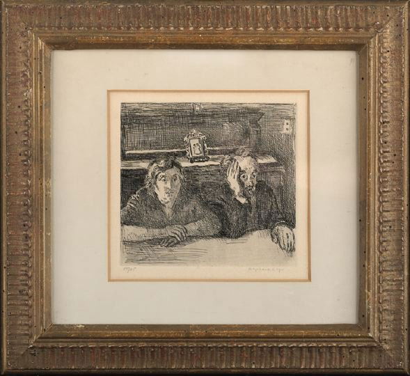 Raphael Soyer (American, 1899-1987): Raphael Soyer (American, 1899-1987) "Couple in an Interior", etching, pencil signed lower right 'Raphael Soyer", numbered in pencil lower left "55/85", sight 8-1/2" x 8-3/4". Glazed, matted and framed