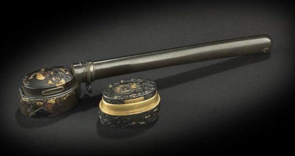 Japanese Shakudo Brush Holder and Ink Box: Japanese Bronze and Shakudo Calligraphy Brush Holder and Shakudo Ink Box, 19th century, the calligraphy brush holder of tubular form with attached oval ink box with shakudo-decorated cover and sides, 