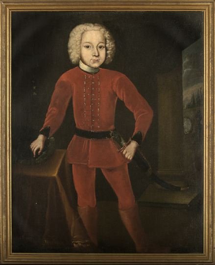 British School (18th Century): British School (18th Century) "Full-Length Portrait of a Young Boy in Red Formal Attire, Dress Sword in Hand", oil on canvas, unsigned, 37" x 29". Presented in a contemporary giltwood frame.