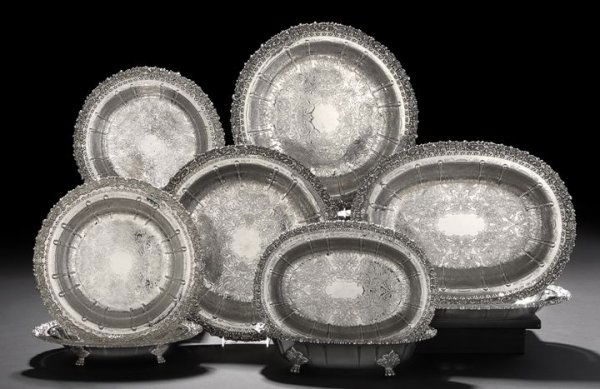 Nine-Piece Ellis-Barker Silverplate Table Service: Good Nine-Piece Ellis-Barker Silverplate Table Service, third quarter 20th century, Birmingham, England, including one small circular dish, dia. 13-1/4", two small footed circular dishes, dia. 13-1/4"