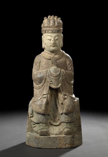 Good Chinese Carved Wooden Figure of a Dignitary: Good Chinese Carved Wooden Figure of a Dignitary, ca. 1850, Daoguang reign, the well-carved figure depicting a seated imperial courtier wearing a crown dressed in court robes and holding a scepter, h.