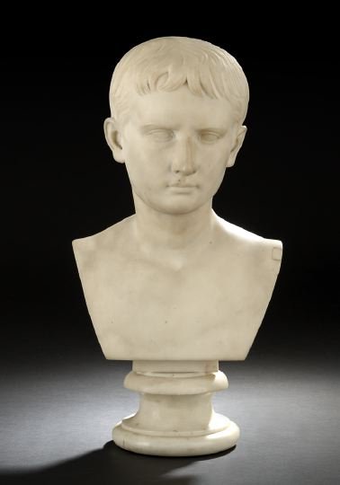 After Antonio Canova (Italian, 1757-1822): After Antonio Canova (Italian, 1757-1822), a carved Carrara marble bust of the youthful Emperor Napoleon I, fourth quarter 19th century, probably of Florentine origin, h. 13", w. 9-1/2".