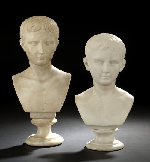 Two Italian Alabaster Busts of Emperor Napoleon I: Two Italian Alabaster Busts of Emperor Napoleon I, ca. 1900, probably Florentine, the first depicting Napoleon as a young man, after the model by Antonio Canova (Italian, 1757-1822), h. 15"; and the o
