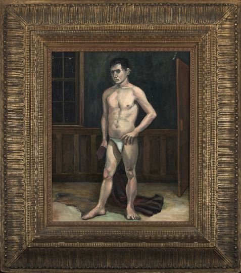 Continental School (First Quarter 20th Century): Continental School (First Quarter 20th Century) "Study of a Man Standing Near a Doorway", oil on canvas board, unsigned, 22" x 26". Presented in an elaborately carved giltwood frame.