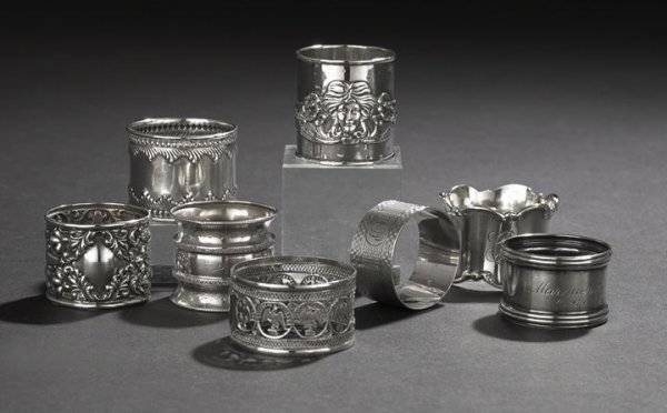 Collection of Eight Sterling Silver Napkin Rings: Collection of Eight Sterling Silver Napkin Rings, late 19th and early 20th century, including four American pieces: a Towle example with gadrooned-and-beaded border, a Gorham example with shaped scrol