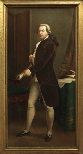 Manner of J. S. Copley (American, 1738-1815): Manner of John Singleton Copley (American, 1738-1815) "Full-Length Portrait of John Adams, Facing Left, Holding a Document", oil on canvas, unsigned, 86" x 41". Handsomely framed.