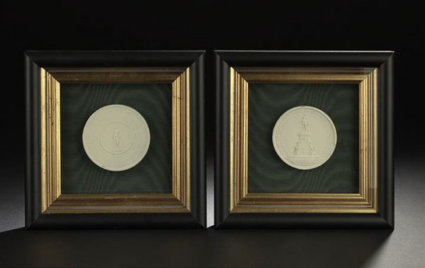 Pair of Shadowboxed French Plaster Casts: Pair of Shadowboxed French Plaster Casts, first quarter 19th century, both casts of circular form, one depicting the Anvers Civic Monument of 1860 and the other a George Washington death medal, the ma