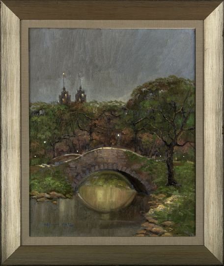 Mary Anna Goetz (American/New York, b. 1946): Mary Anna Goetz (American/New York, b. 1946) "Gapstow Bridge, Central Park, New York", oil on canvas, signed lower left "Mary Anna Goetz", titled and signed on stretcher verso, 20" x 16". Handsomely f