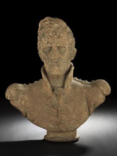 Large Terra Cotta Bust of Simon Bolivar: Large Terra Cotta Bust of Simon Bolivar, fourth quarter 19th century, the famous political leader depicted in military dress, the reverse with a large impressed signature "Chicago", in script, alleged