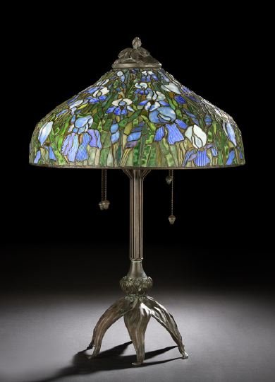 American Bronze and Stained Glass Parlor Lamp: American Patinated Bronze and Stained Glass Parlor Lamp, dated 1979, by Bauer-Coble Studios, in the Art Nouveau style of Louis Comfort Tiffany (American, 1848-1933), fitted with a large domed leaded g