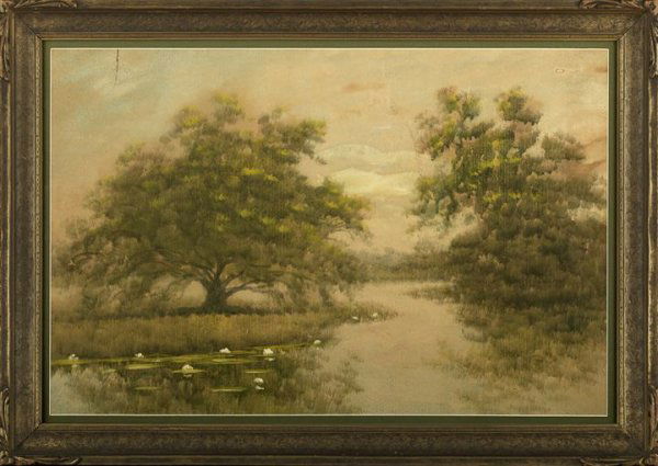Alexander John Drysdale (New Orleans, 1870-1934): Alexander John Drysdale (American/New Orleans, 1870-1934) "Water Lilies and Trees Along the Louisiana Bayou", oil wash, pencil signed lower right "A. J. Drysdale", board verso stamped "W. E. Seebold,