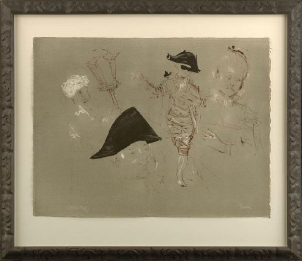 Jack Levine (American/New York, b. 1915): Jack Levine (American/New York, b. 1915) "Je Me Souviens de M. Watteau", lithograph in reddish brown, brownish black and white on tinted Arches paper, signed lower right in white conte crayon "J. Levi