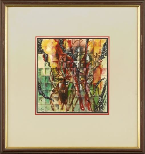 Noel Rockmore (American/New Orleans, 1928-1995): Noel Rockmore (American/New Orleans, 1928-1995) "The Artist and the Elk", 1989, from the Grid Series, mixed media on paper, signed and dated lower left "Rockmore 89", verso with Casell Gallery, 818 Ro