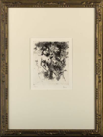 Jack Levine (American/New York, b. 1915): Jack Levine (American/New York, b. 1915) "Adam and Eve", 1963, etching on B. F. K. Rives paper, pencil signed lower right "J. Levine", numbered lower left "68/100", printed by Emiliano Sorini, New Yor