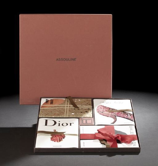 Assouline 2004 "Cookie" Box of Couture Books: Assouline 2004 "Cookie" Box Collection of its Memoire Series of Couture Books, including Marie-France Pochna, Dior, Colombe Pringle, Roger Vivier, Marie Andre Jouve, Balenciaga, and a pristine copy of