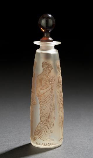 Lalique Art Deco "Ambre Antique" Scent Bottle: Rene Lalique Art Deco Satine Glass "Ambre Antique" Scent Bottle, created for Coty in 1910, the pressed and sepia-enameled glass, the basal rim with a sepia raised signature "R. Lalique", the dark ambe