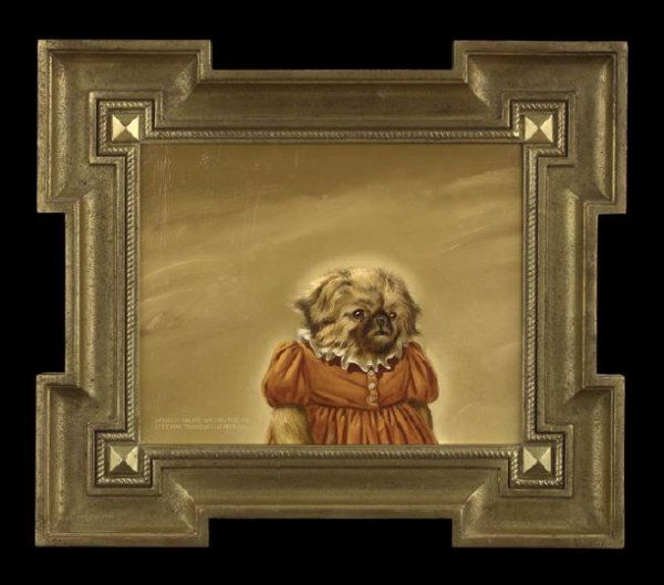 Donald Roller Wilson (American/Arkansas, b. 1938): Donald Roller Wilson (American/Arkansas, b. 1938) "Pekingese in an Orange Dress", 1982, oil on canvas, signed, dated and numbered lower left "Donald Roller Wilson. 1982/15. 5:52 PM Thursday. March 18"