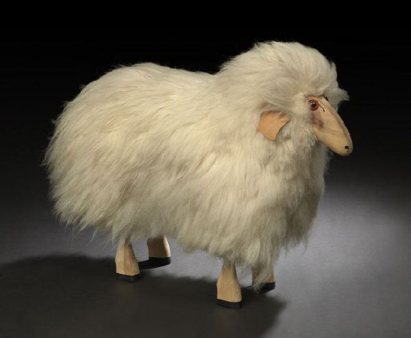 Pine and Flokati Figure of a Sheep: Pine and Flokati Figure of a Sheep, third quarter 20th century, in the manner of Claude and Francois Xavier Lalanne, with leather ears and a full ivory coat, h. 24", w. 28", d. 14". Provenance: Purcha