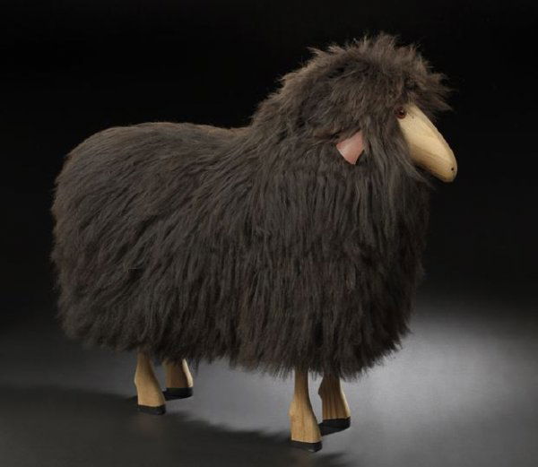 Pine and Flokati Figure of a Sheep: Pine and Flokati Figure of a Sheep, third quarter 20th century, in the manner of Claude and Francois Xavier Lalanne, with leather ears and a full dark brown coat, h. 34", w. 36", d. 16". Provenance: P