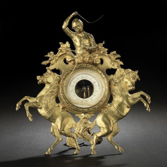 German Gilt-Brass Table Barometer: German Gilt-Brass Table Barometer, first quarter 20th century, modeled as a pair of addorsed rearing horses centering the circular barometer surmounted by the bust of a whip-wielding jockey, the jocke