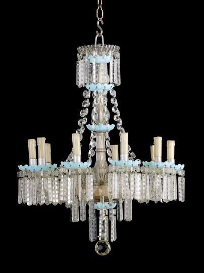 French Colorless and Opal Glass Chandelier: Good French Colorless and Opal Glass Ten-Light Chandelier, second quarter 20th century, in the Napoleon III taste, richly dressed with floral back-cut Albert glass prisms and fitted with pale blue opa