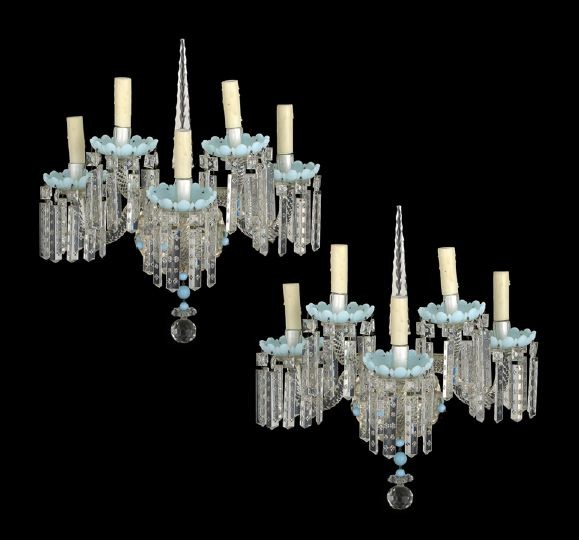 Pair of French Colorless and Opal Glass Appliques: Pair of French Colorless and Opal Glass Five Light Appliques, second quarter 20th century, in the Napoleon III taste, the central notched glass spear surrounded by five scrolling arms to pale blue opa