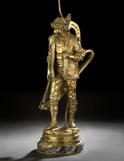 Eutrope Bouret (French, 1833-1906): Eutrope Bouret (French, 1833-1906) "Sans Famille", fourth quarter 19th century, a large gilt-bronze figure of a youthful musician carrying a harp, signed on the proper left "Bouret", now mounted as a