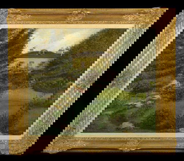 Georges Stein (French, 1870-1955): Georges Stein (French, 1870-1955) "Sunlit View of a Lady Tending to the Lush Gardens of Her Country Home", oil on canvas, signed lower left "Georges Stein", 18-1/4" x 22". Presented in a contemporary