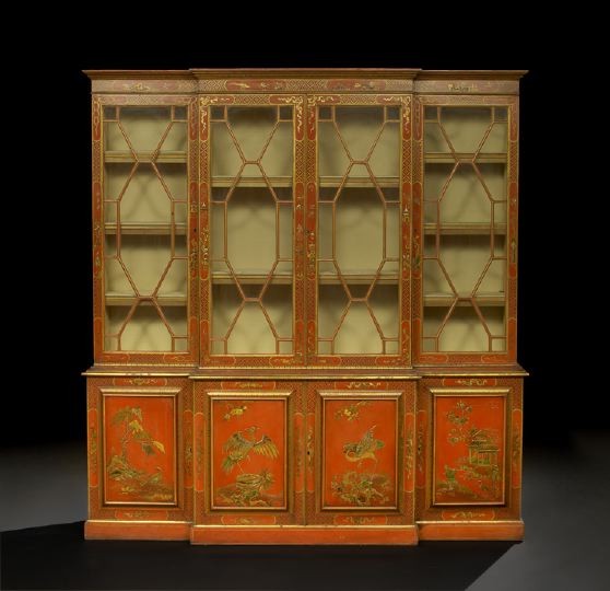 George III-Style Polychromed Breakfront Bookcase: George III-Style Polychromed Breakfront Bookcase, in the chinoiserie taste, the molded cornice above four astragal-glazed doors, the lower section fitted with four cupboard doors, each inset with a ra