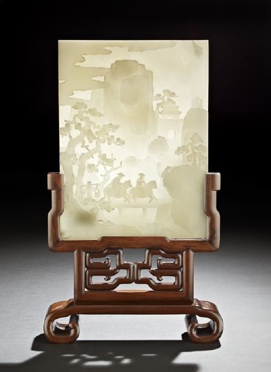 Good Chinese Carved White Jade Table Screen: Good Chinese Carved White Jade Table Screen, the rectangular white jadeite plaque carved in relief with a scene of two travelers on horseback with an attendant crossing a bridge over a stream in a mou