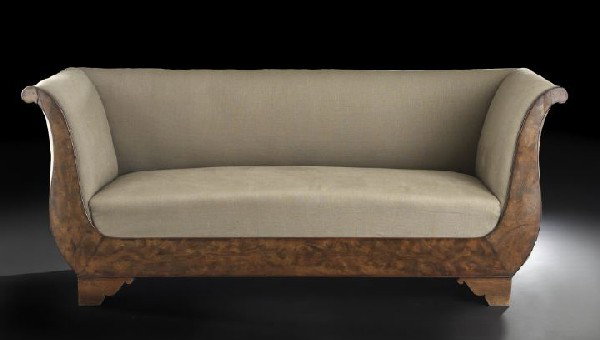 Neoclassical-Style Mahogany Settee: Neoclassical-Style Mahogany Settee, late 19th century, of box form, the padded back and outscrolled sides above a padded seat, the paneled apron raised on shaped bracket feet, h. 32", w. 77-1/2", d. 2