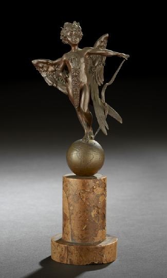 Bronze Figure of "Love Conquers the World": Austro-German Patinated Bronze Figure of "Love Conquers the World", first quarter 20th century, modeled as an androgynous figure of the nude Eros bearing a bow and a hymeneal flambeau while standing o