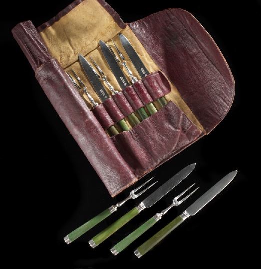 Edwardian Sterling and Ivory Picnic Dessert Set: Twelve-Piece Edwardian Sterling Silver and Ivory Picnic Dessert Set, hallmarked Sheffield, 1903-1904, by Martin & Hall Co., Ltd., including six two-tined forks, l. 6-1/4", and six pointed knives, l. 7