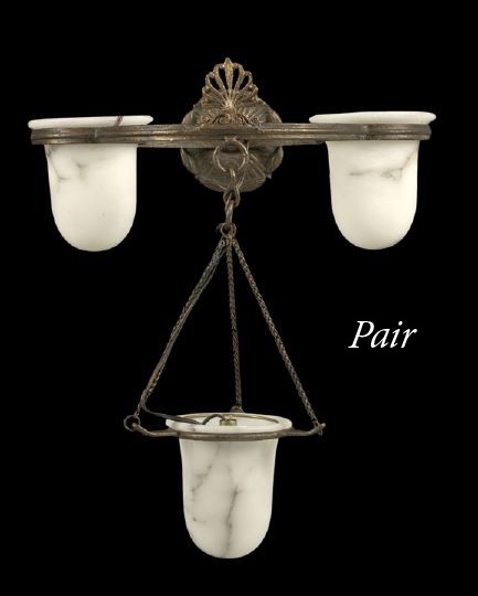 Pair of Italian Iron and Alabaster Appliques: Pair of Italian Wrought-Iron and Alabaster Three-Light Appliques, in the neoclassical taste, each circular wrought-iron hoop with an alabaster cup, the central cup pendant and surmounted by an upright