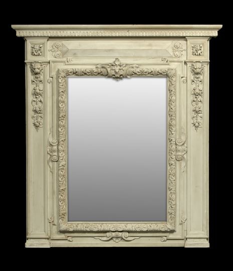 Monumental Beaux Arts Polychromed Looking Glass: Monumental Beaux Arts Polychromed Looking Glass, late 19th century, the molded and dentillated cornice above a paneled frieze, the rectangular quartered plate surrounded by a heavily carved foliate-pa