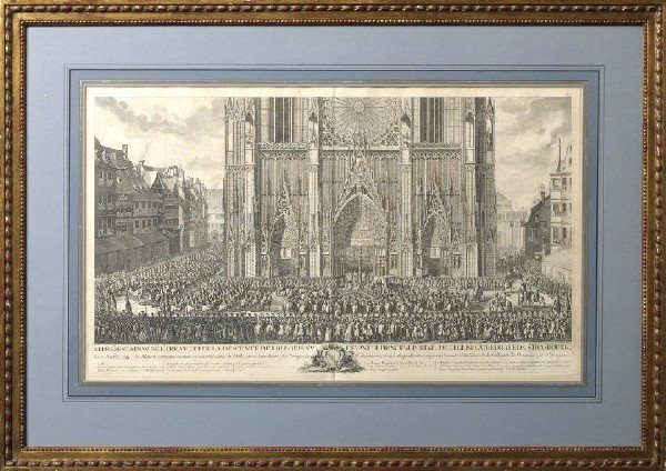 Jacques-Philippe LeBas (French, 1707-1783): Jacques-Philippe LeBas (French, 1707-1783) "The Arrival of King Louis XV Before the Cathedral of Strasbourg, 1744", 17-3/4" x 30-1/2", and "The Cathedral of Strasbourg en Fete", 27-1/2" x 21", engravi