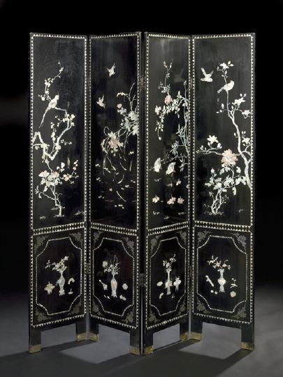 Chinese Nacre-Inlaid Black Lacquer Folding Screen: Chinese Mother-of-Pearl-Inlaid Black Lacquer Folding Screen, 19th century, in the Qianlong taste, consisting of four panels, the facades with tinted and engraved songbirds, bamboo and flowering peonie