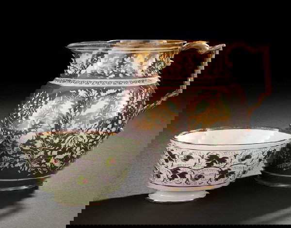 Two-Piece Group of Staffordshire Pink Lustreware: Two-Piece Group of Staffordshire Pink Lustreware, consisting of an English pink-lustred creamware footed bowl in "Strawberry Vine" decor, second quarter 19th century, h. 8-1/2", dia. 6-3/4"; and a fin