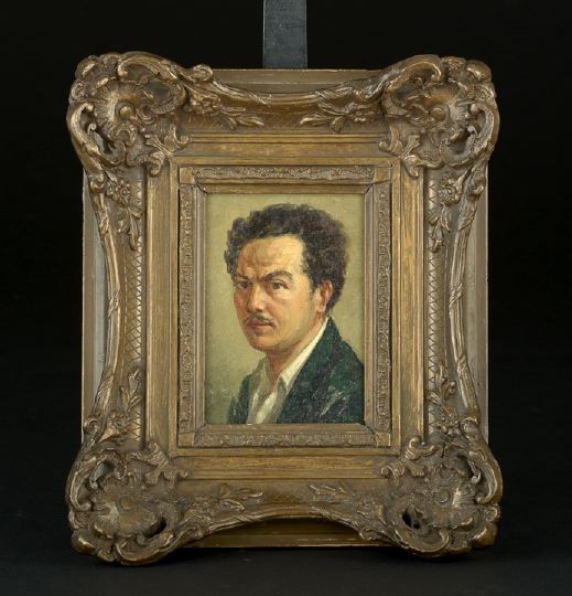 Rudolph Guzzardi (American/Texas, 1903-1962): Rudolph Guzzardi (American/Texas, 1903-1962) "Self Portrait", oil on board, 1939, signed and dated on the reverse, 8" x 6". Handsomely framed.
