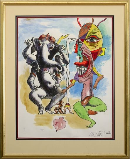 Noel Rockmore (American/New Orleans, 1928-1995): Noel Rockmore (American/New Orleans, 1928-1995), "Ganesha with Observer", 1992, mixed media on paper, titled lower right, signed, dated and inscribed lower right, "Rockmore July 92, Tauro", sight 24" 
