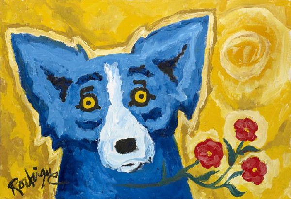 George Rodrigue (American/Louisiana, b. 1944): George Rodrigue (American/Louisiana, b. 1944) "Blue Dog with Red Flowers", ca. 2001, oil on canvas, signed lower left "Rodrigue", 24" x 36". Unframed.
