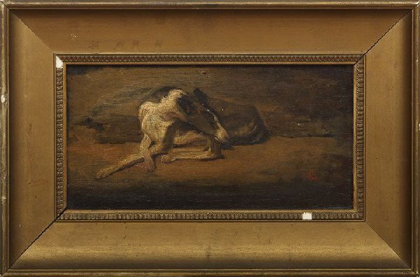 Continental School (First Quarter 20th Century): Continental School (First Quarter 20th Century) "Greyhound Sleeping", oil on board, indistinctly monogrammed lower right, the reverse with an oil sketch of a garden as seen through a gated entrance, 4