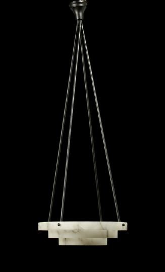 French Patinated Metal and Alabaster Hanging Lamp: French Black-Patinated Metal and Alabaster Basin-Form Hanging Lamp, the stepped circular basin of alabaster and fitted with a pair of interior lights, h. 46", dia. 15-3/4".
