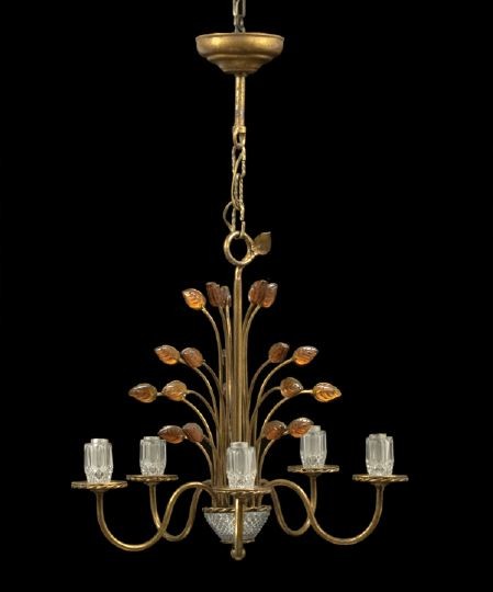 French Gilt-Brass and Cut Glass Chandelier: French Gilt-Brass and Cut Glass Five-Light Chandelier, in the manner of Gilbert Poillerat, the standard enframed by upright gilt-brass stems tipped with pressed topaz glass leaves, electrified, the ca