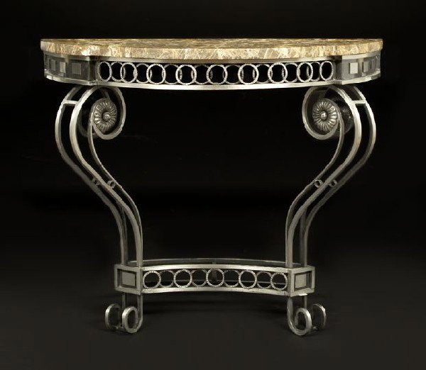 French Sarrancolin Marble-Top Console Table: French Wrought-Steel and Sarrancolin Marble-Top Demi-lune Console Table, in the Louis XVI style, ca. 1960, the open guilloche apron supported on a pair of boldly scrolled legs with flowerhead upper te