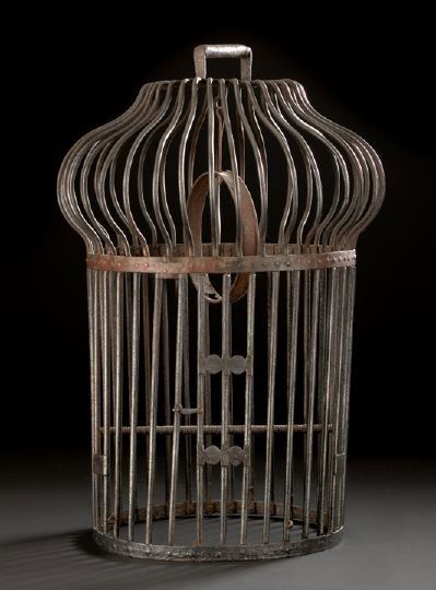 Large French Provincial Wrought-Iron Bird Cage: Large French Provincial Wrought-Iron Bird Cage, fourth quarter 18th century, of tower form, the interior fitted with a bar perch and a pendant ring, the turned wood base lacking, presented in an old b